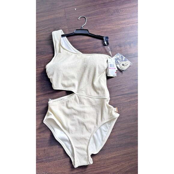 MICHAEL Michael Kors Women's Ribbed One-Shoulder Side-Cutout Swimsuit Ivory 14 - Picture 3 of 10